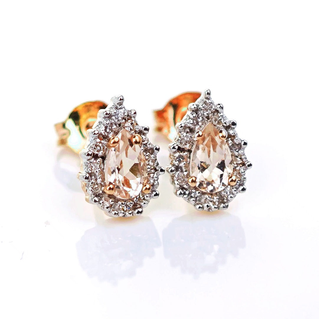 9ct Morganite Diamond Earrings Studs Rose Gold 0.38 ct Natural Pink Gemstone