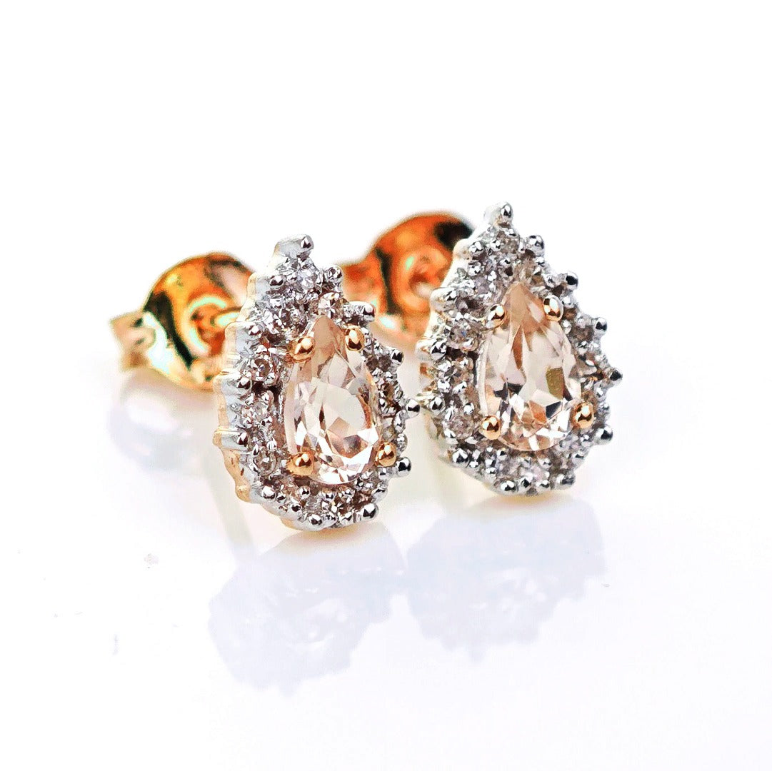 9ct Morganite Diamond Earrings Studs Rose Gold 0.38 ct Natural Pink Gemstone