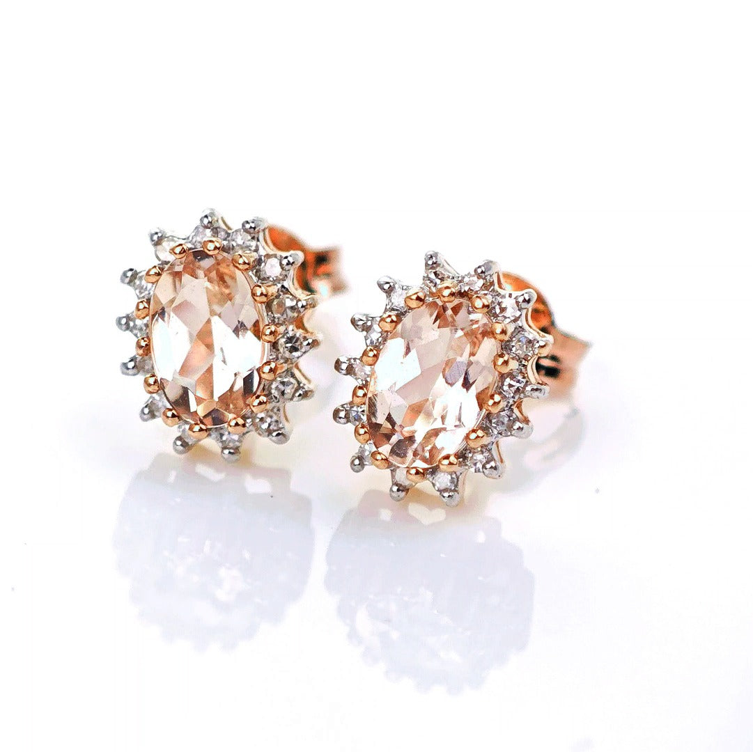 9ct Morganite Diamond Earrings Studs Rose Gold Pink 0.82 ct Natural Gemstone
