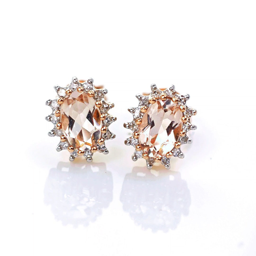 9ct Morganite Diamond Earrings Studs Rose Gold Pink 0.82 ct Natural Gemstone