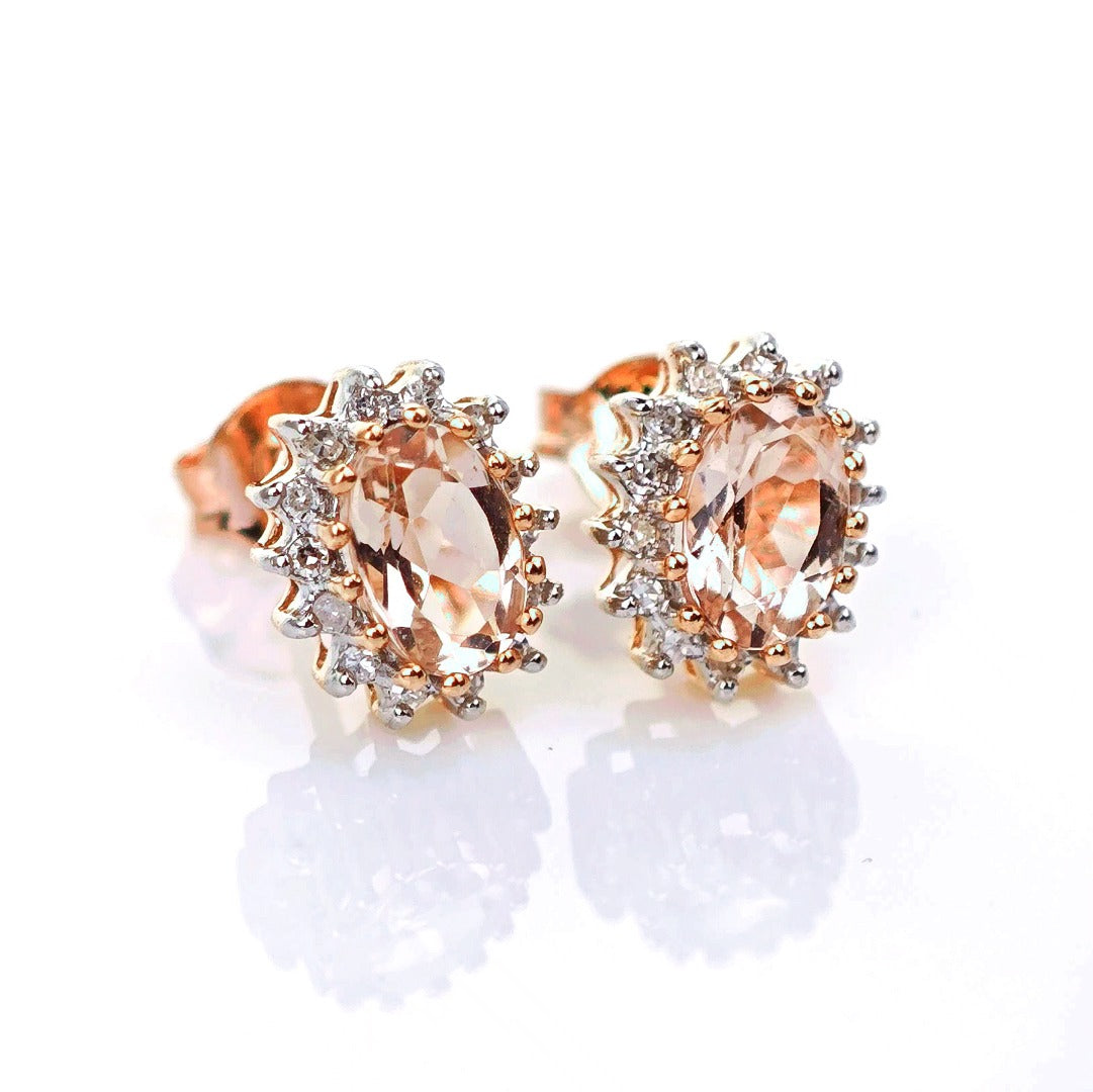 9ct Morganite Diamond Earrings Studs Rose Gold Pink 0.82 ct Natural Gemstone
