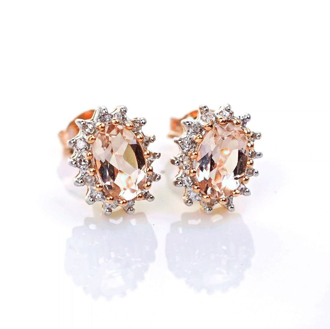 9ct Morganite Diamond Earrings Studs Rose Gold Pink 0.82 ct Natural Gemstone