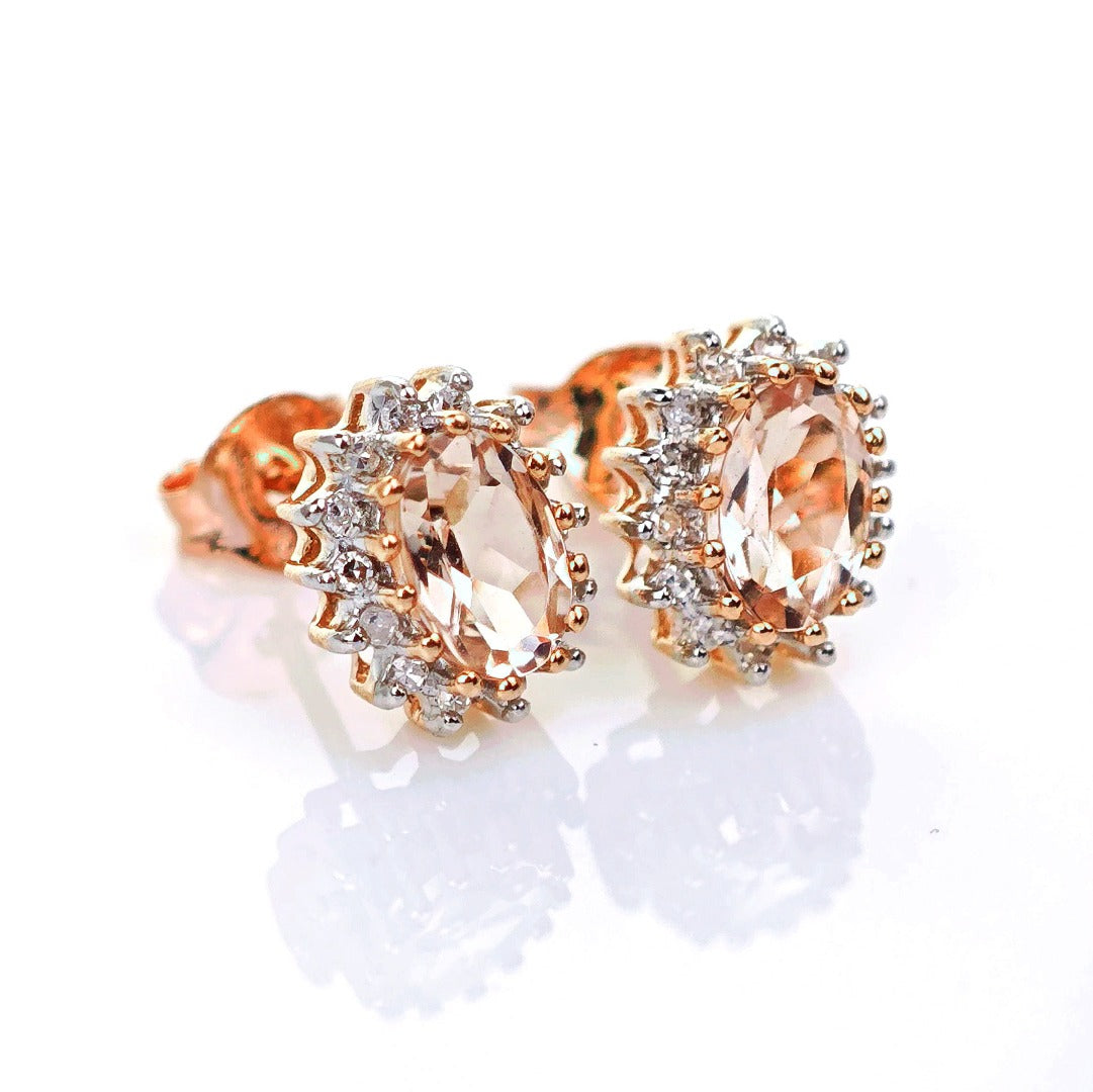 9ct Morganite Diamond Earrings Studs Rose Gold Pink 0.82 ct Natural Gemstone