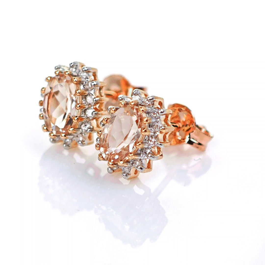 9ct Morganite Diamond Earrings Studs Rose Gold Pink 0.82 ct Natural Gemstone