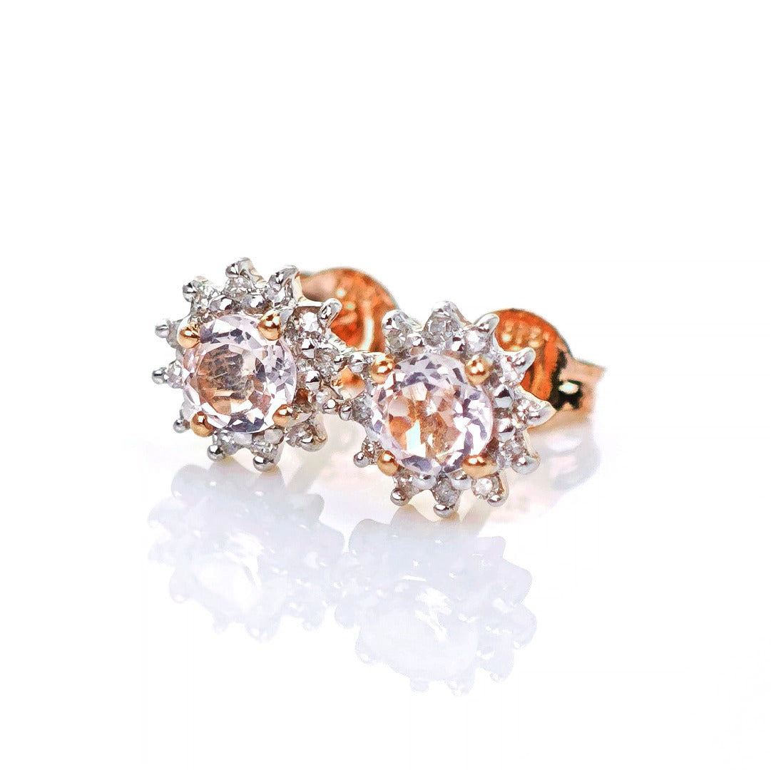 9ct Morganite Diamond Earrings Studs Rose Gold Pink 0.46 ct Natural Gemstone