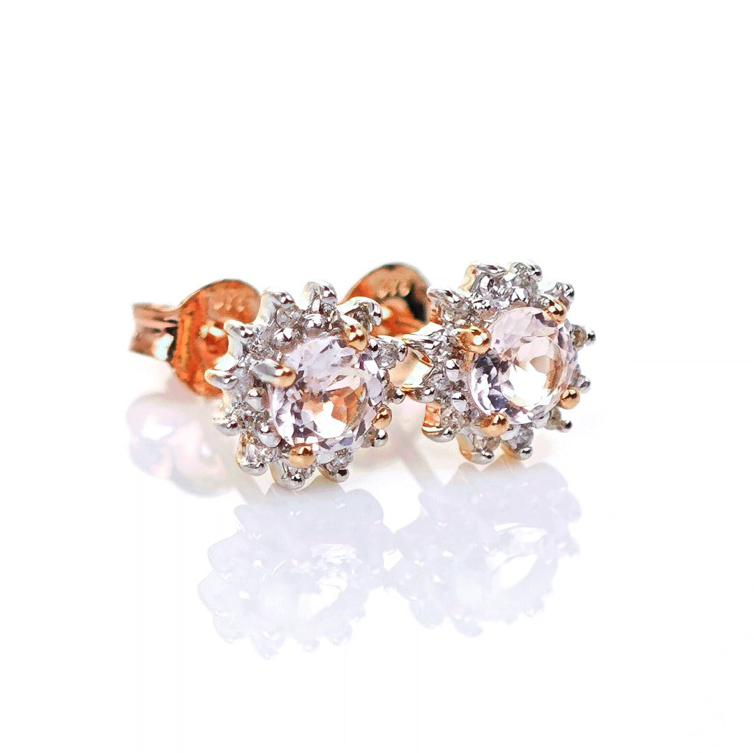 9ct Morganite Diamond Earrings Studs Rose Gold Pink 0.46 ct Natural Gemstone