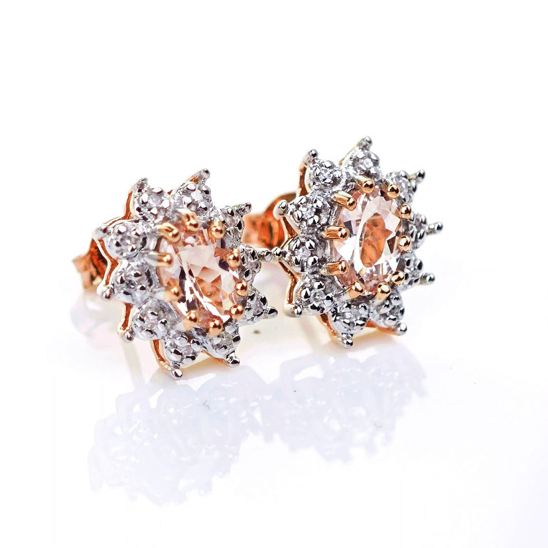 9ct Morganite Diamond Earrings Studs Rose Gold Pink 0.71 ct Natural Gemstone