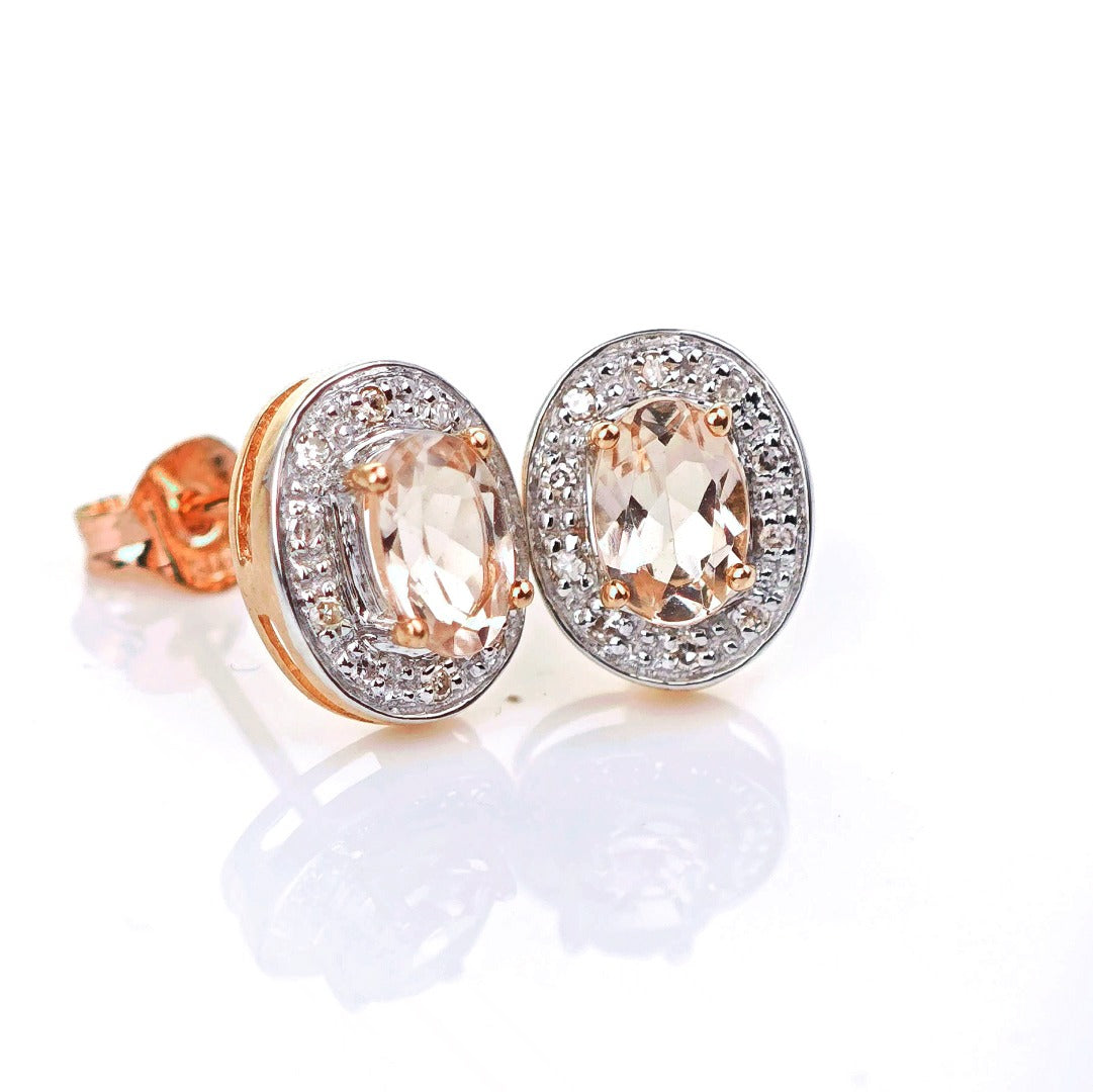 9ct Morganite Diamond Earrings Studs Rose Gold Pink 0.8 ct Natural Gemstonee