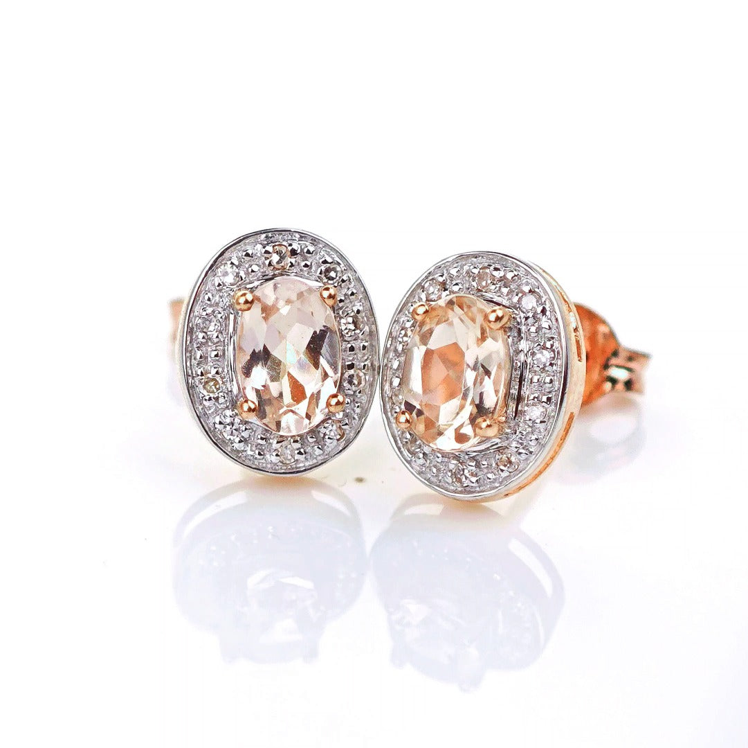 9ct Morganite Diamond Earrings Studs Rose Gold Pink 0.8 ct Natural Gemstonee