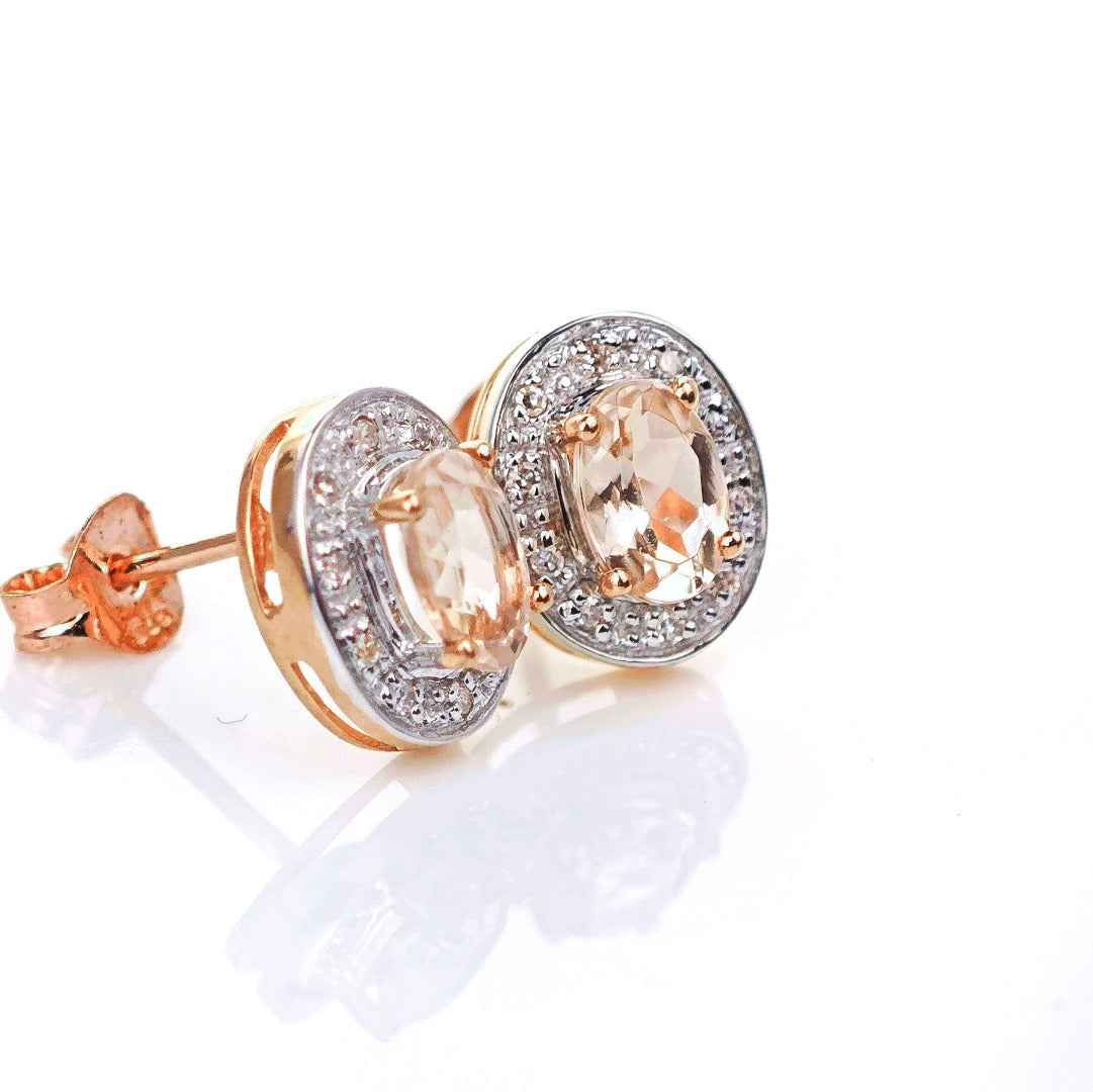9ct Morganite Diamond Earrings Studs Rose Gold Pink 0.8 ct Natural Gemstonee