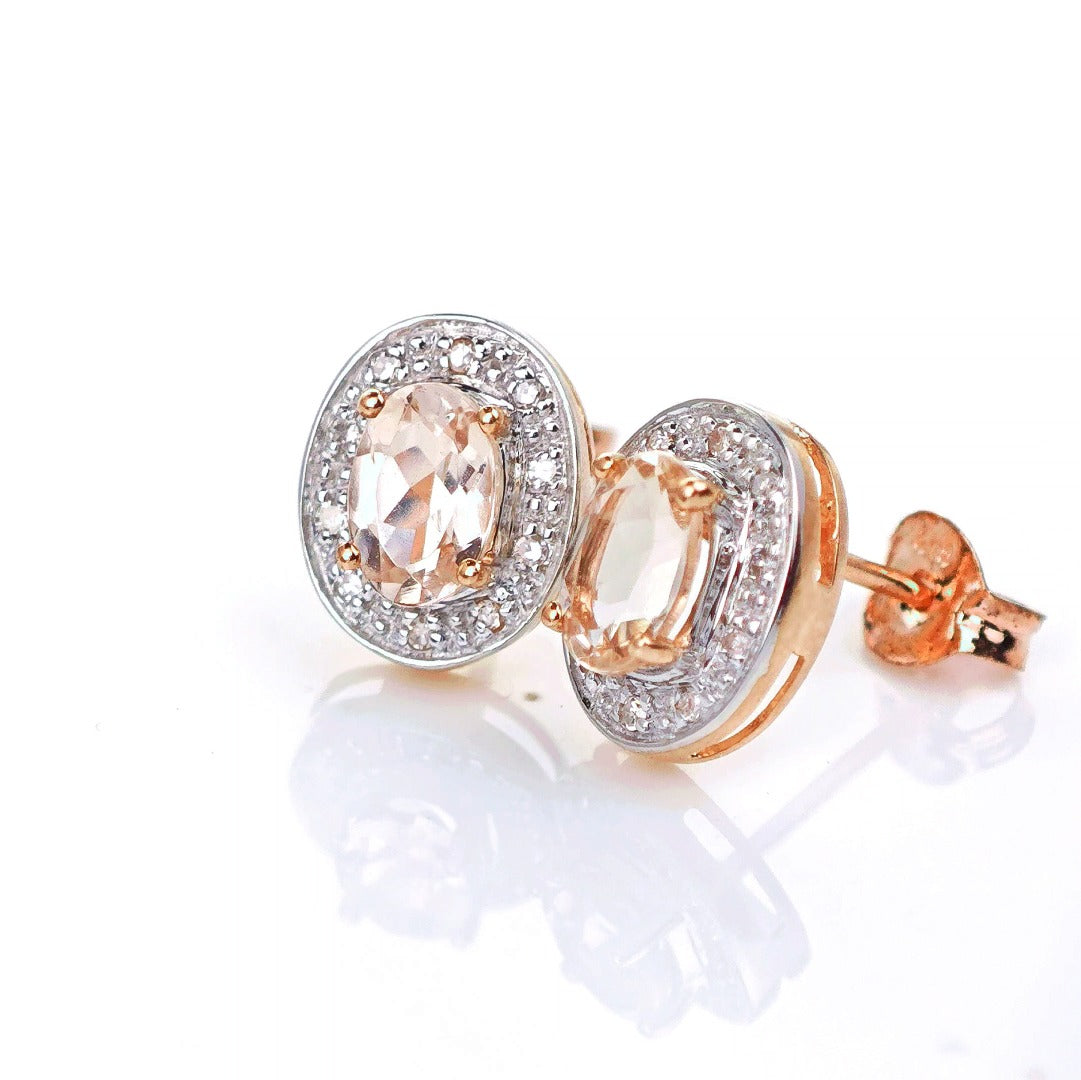 9ct Morganite Diamond Earrings Studs Rose Gold Pink 0.8 ct Natural Gemstonee