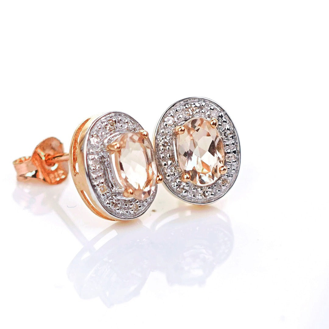 9ct Morganite Diamond Earrings Studs Rose Gold Pink 0.8 ct Natural Gemstonee
