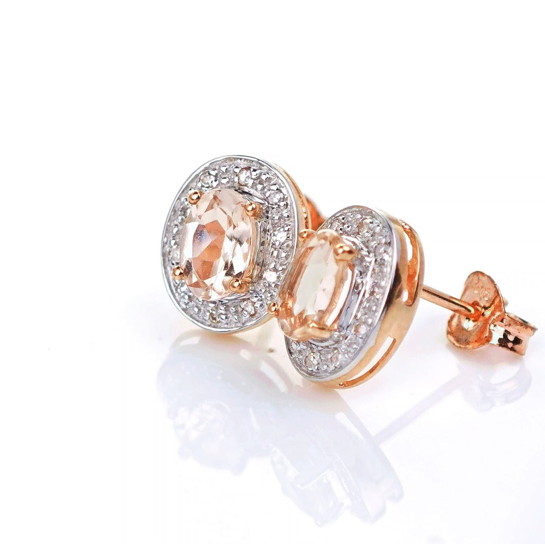 9ct Morganite Diamond Earrings Studs Rose Gold Pink 0.8 ct Natural Gemstonee