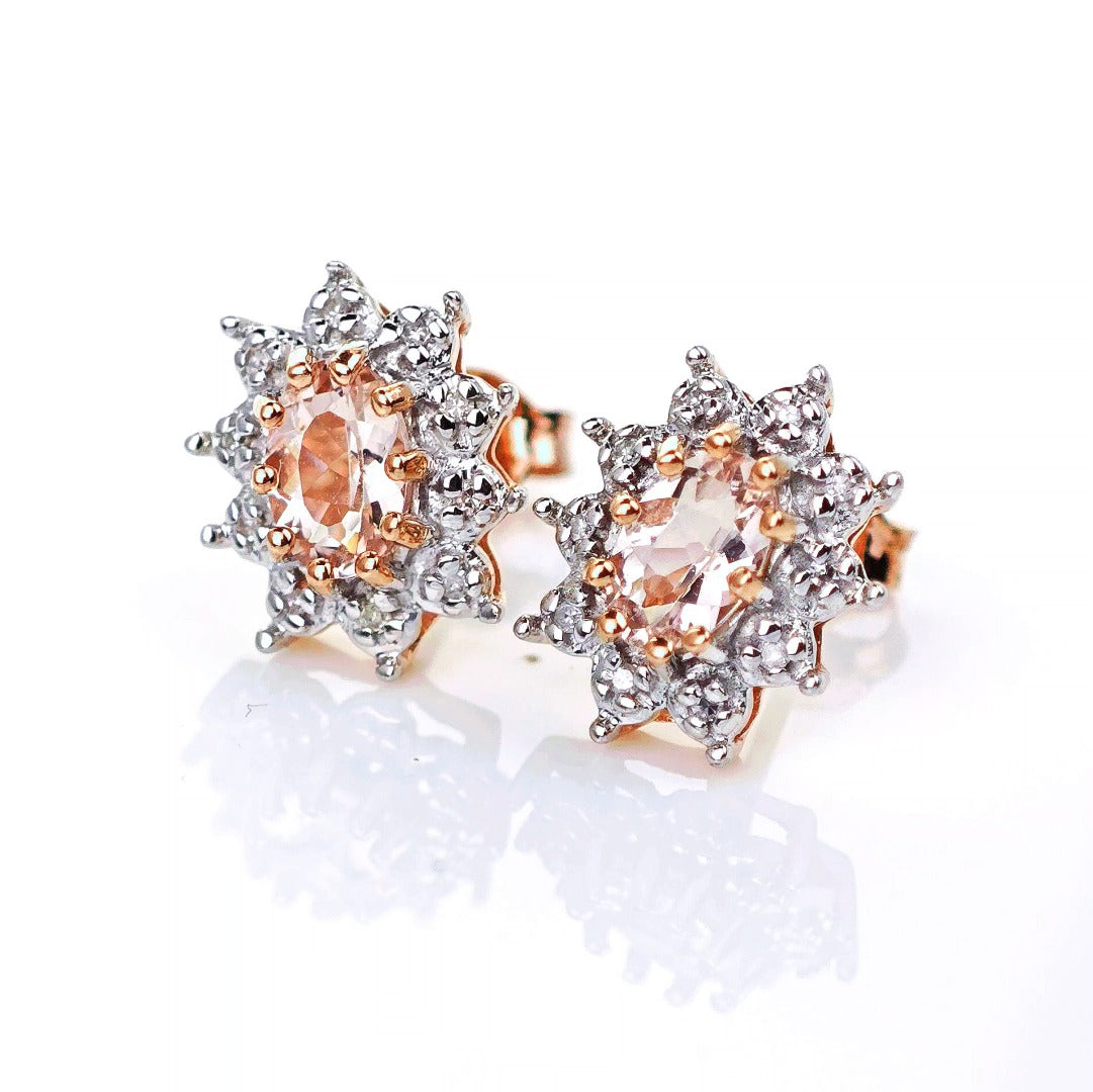 9ct Morganite Diamond Earrings Studs Rose Gold Pink 0.45 ct Natural Gemstone
