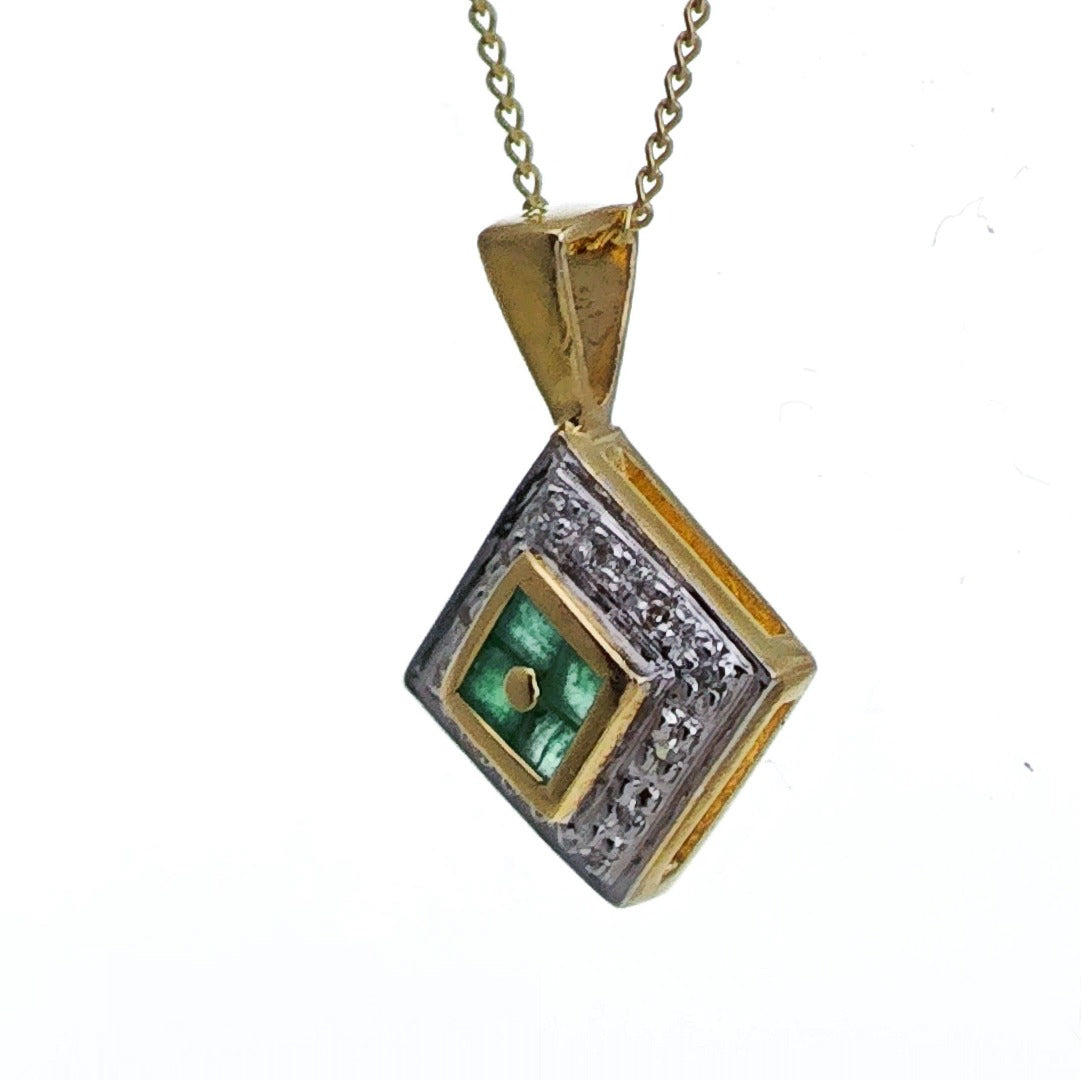 9ct Emerald Diamond Necklace Yellow Gold 0.19ct Green Square Natural Gemstone
