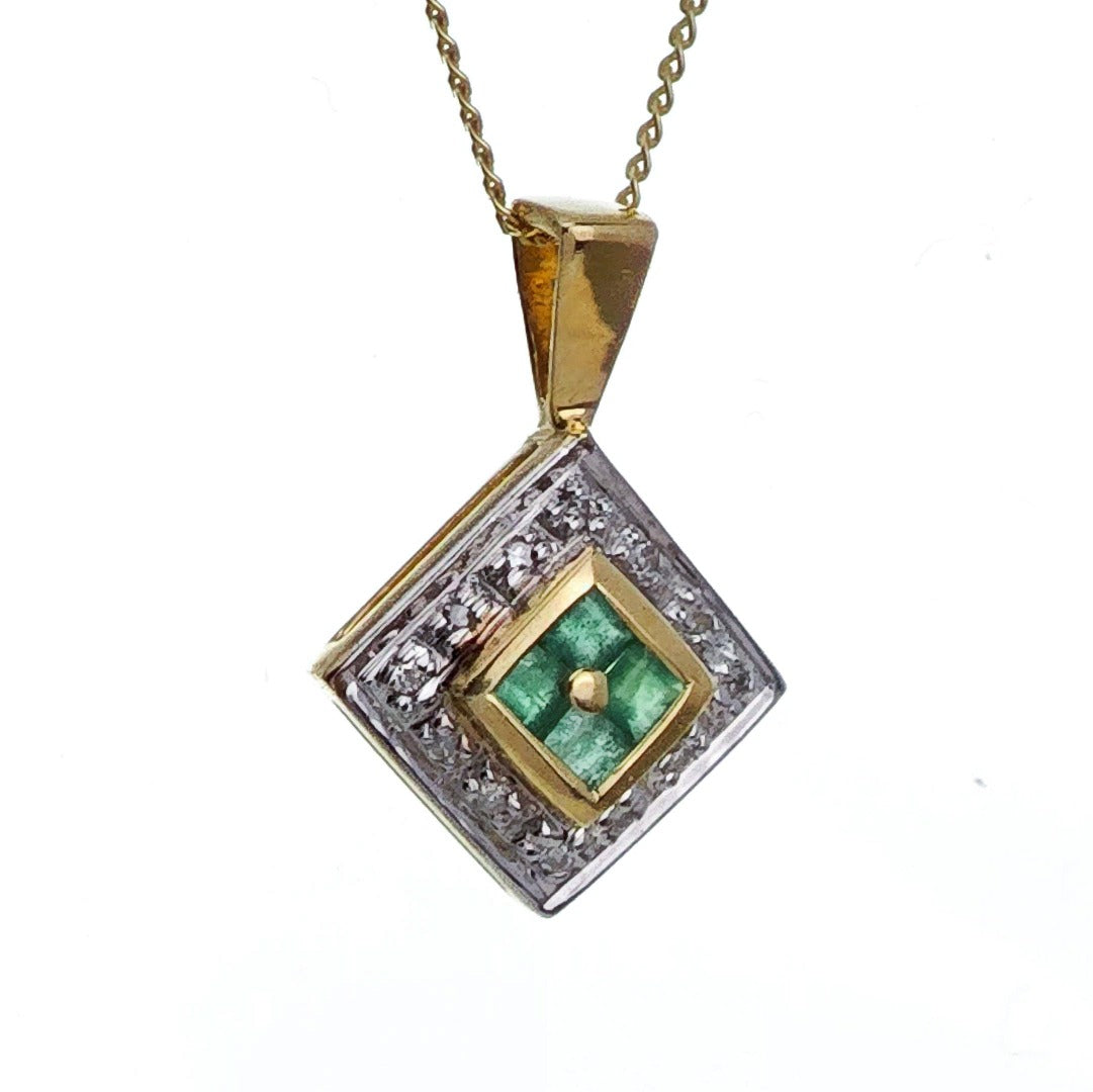 9ct Emerald Diamond Necklace Yellow Gold 0.19ct Green Square Natural Gemstone