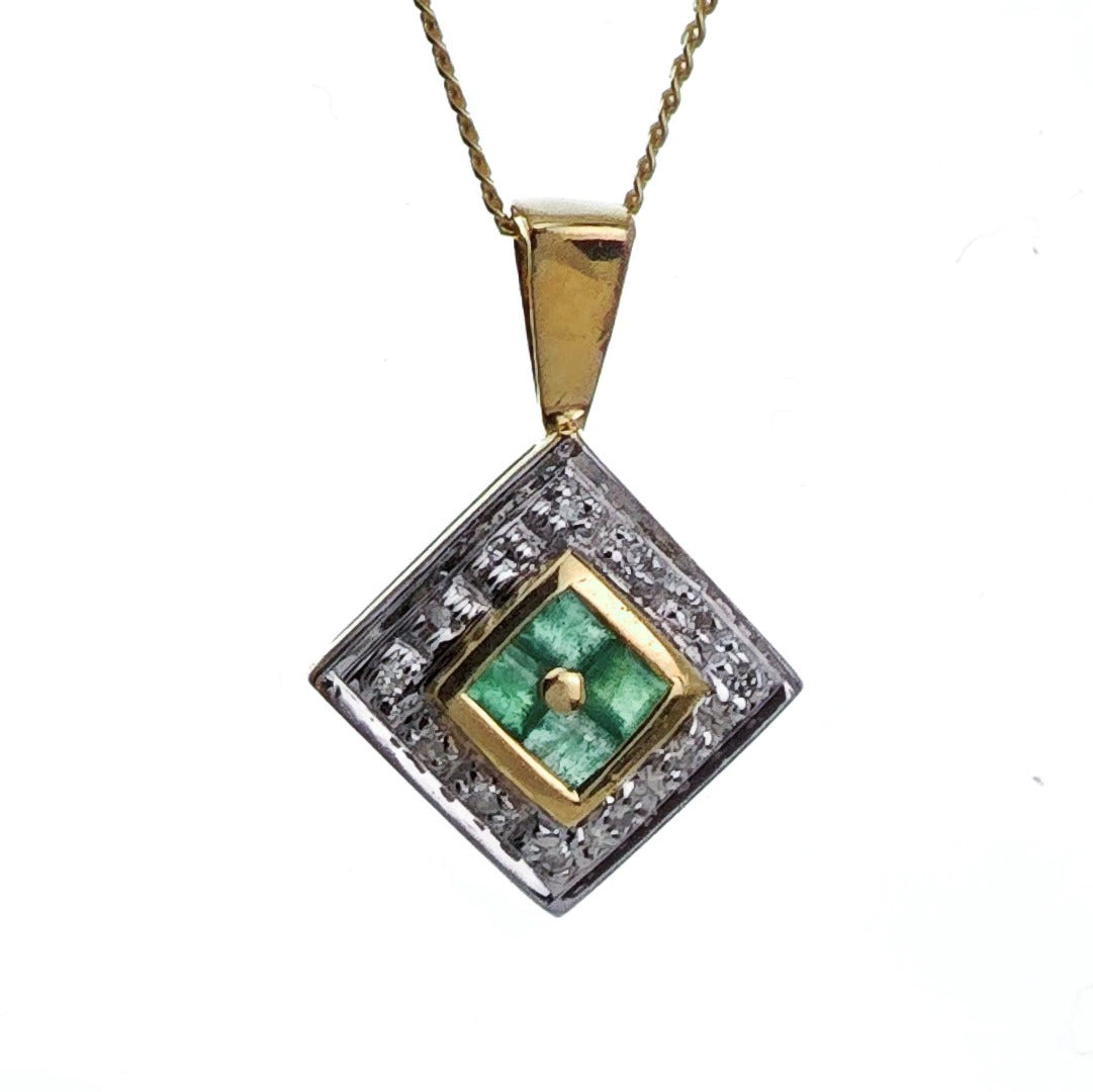 9ct Emerald Diamond Necklace Yellow Gold 0.19ct Green Square Natural Gemstone