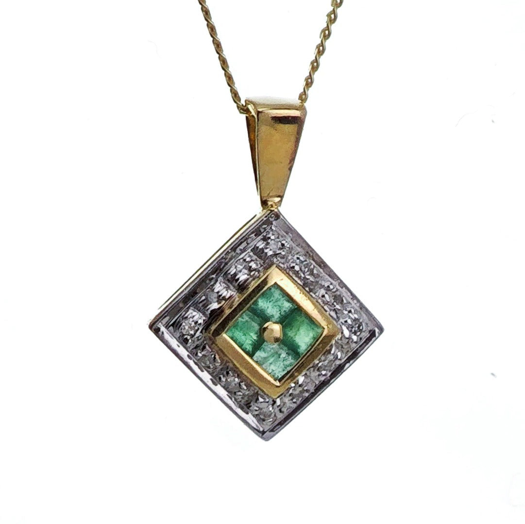 9ct Emerald Diamond Necklace Yellow Gold 0.19ct Green Square Natural Gemstone