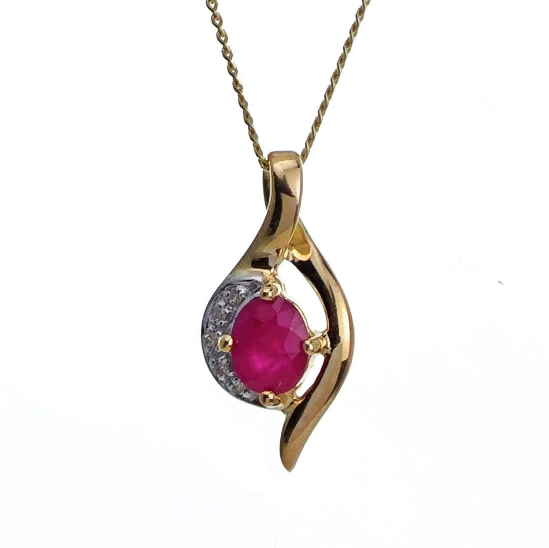9ct Ruby Diamond Necklace Yellow Gold 0.45ct Red Oval Natural Gemstone