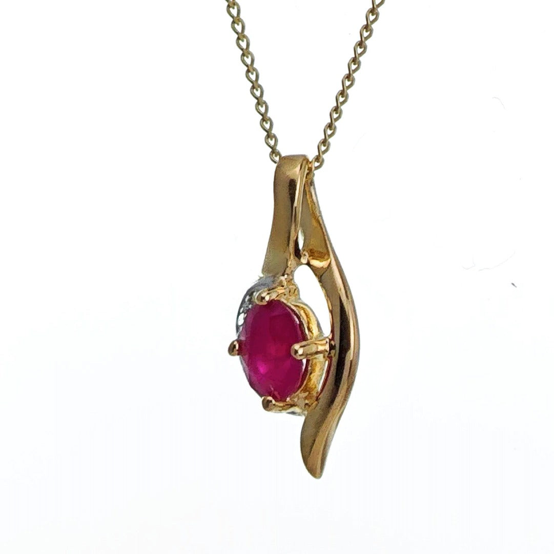 9ct Ruby Diamond Necklace Yellow Gold 0.45ct Red Oval Natural Gemstone