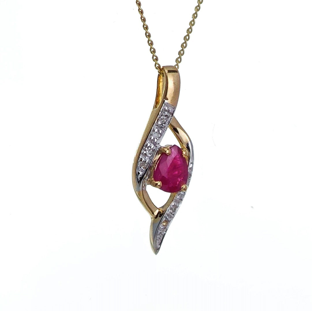 9ct Ruby Diamond Necklace Yellow Gold 0.38ct Red Pear Natural Gemstone