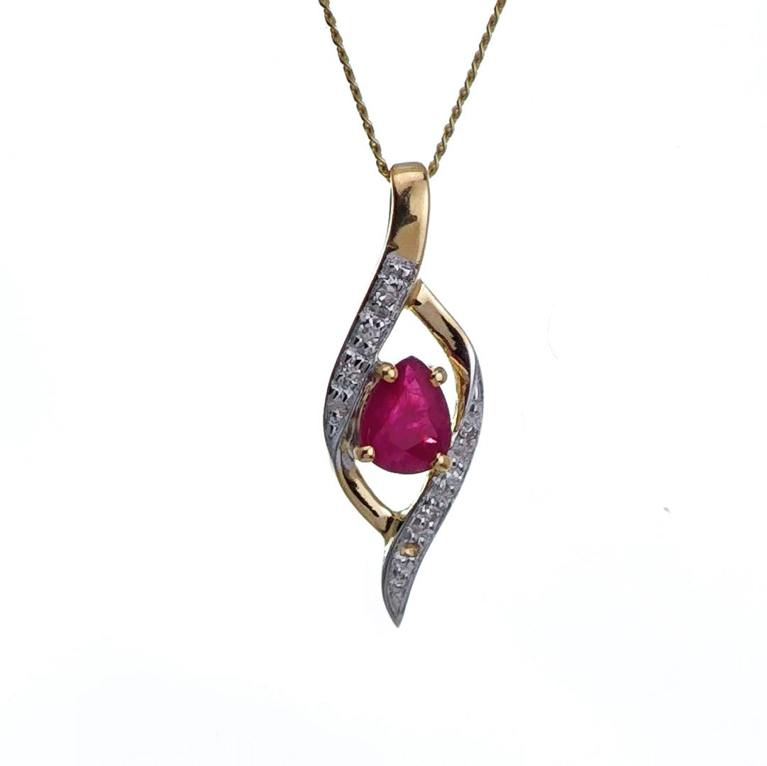 9ct Ruby Diamond Necklace Yellow Gold 0.38ct Red Pear Natural Gemstone