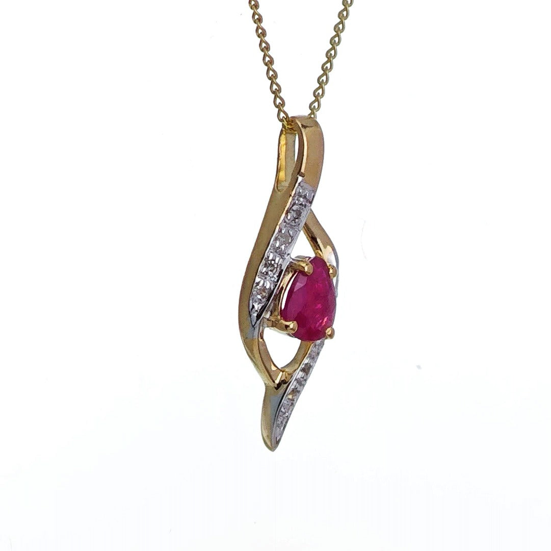 9ct Ruby Diamond Necklace Yellow Gold 0.38ct Red Pear Natural Gemstone