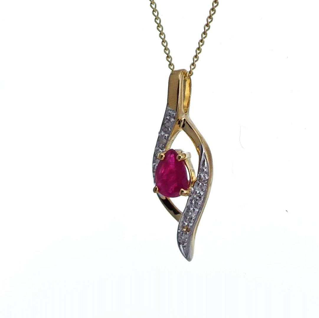 9ct Ruby Diamond Necklace Yellow Gold 0.38ct Red Pear Natural Gemstone