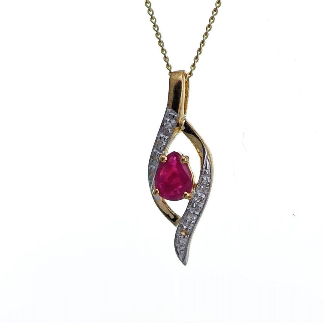 9ct Ruby Diamond Necklace Yellow Gold 0.38ct Red Pear Natural Gemstone