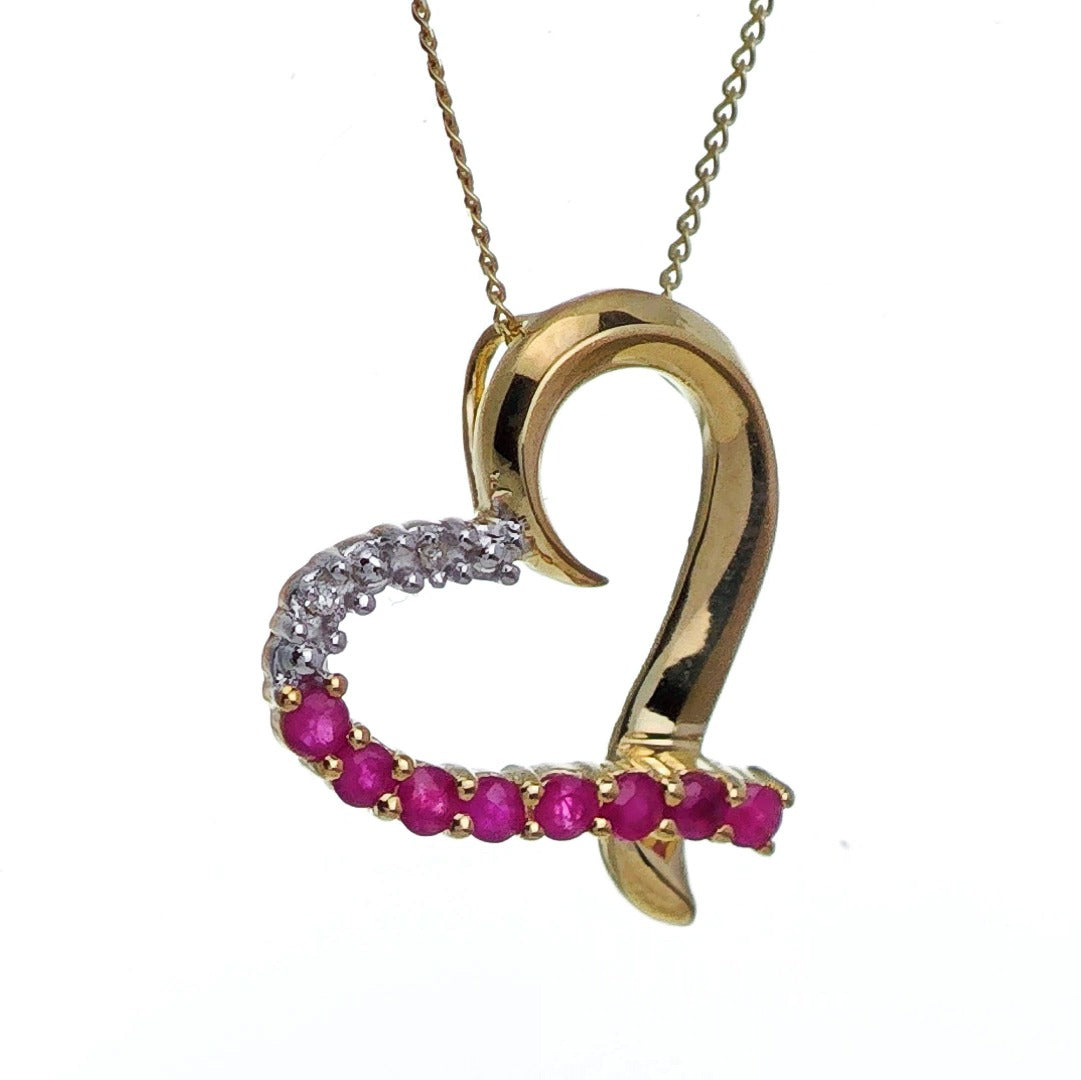 9ct Ruby Diamond Necklace Yellow Gold Heart 0.39ct Red Round Natural Gemstone