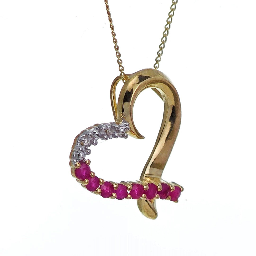 9ct Ruby Diamond Necklace Yellow Gold Heart 0.39ct Red Round Natural Gemstone