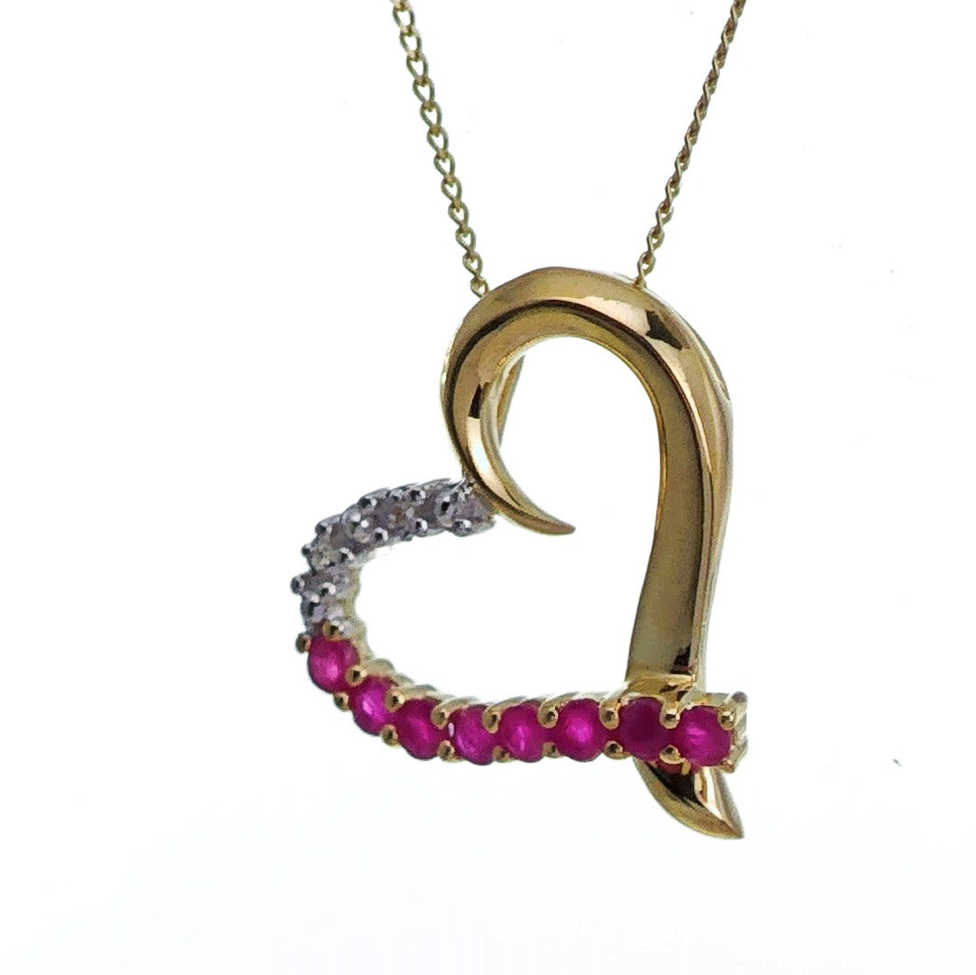 9ct Ruby Diamond Necklace Yellow Gold Heart 0.39ct Red Round Natural Gemstone