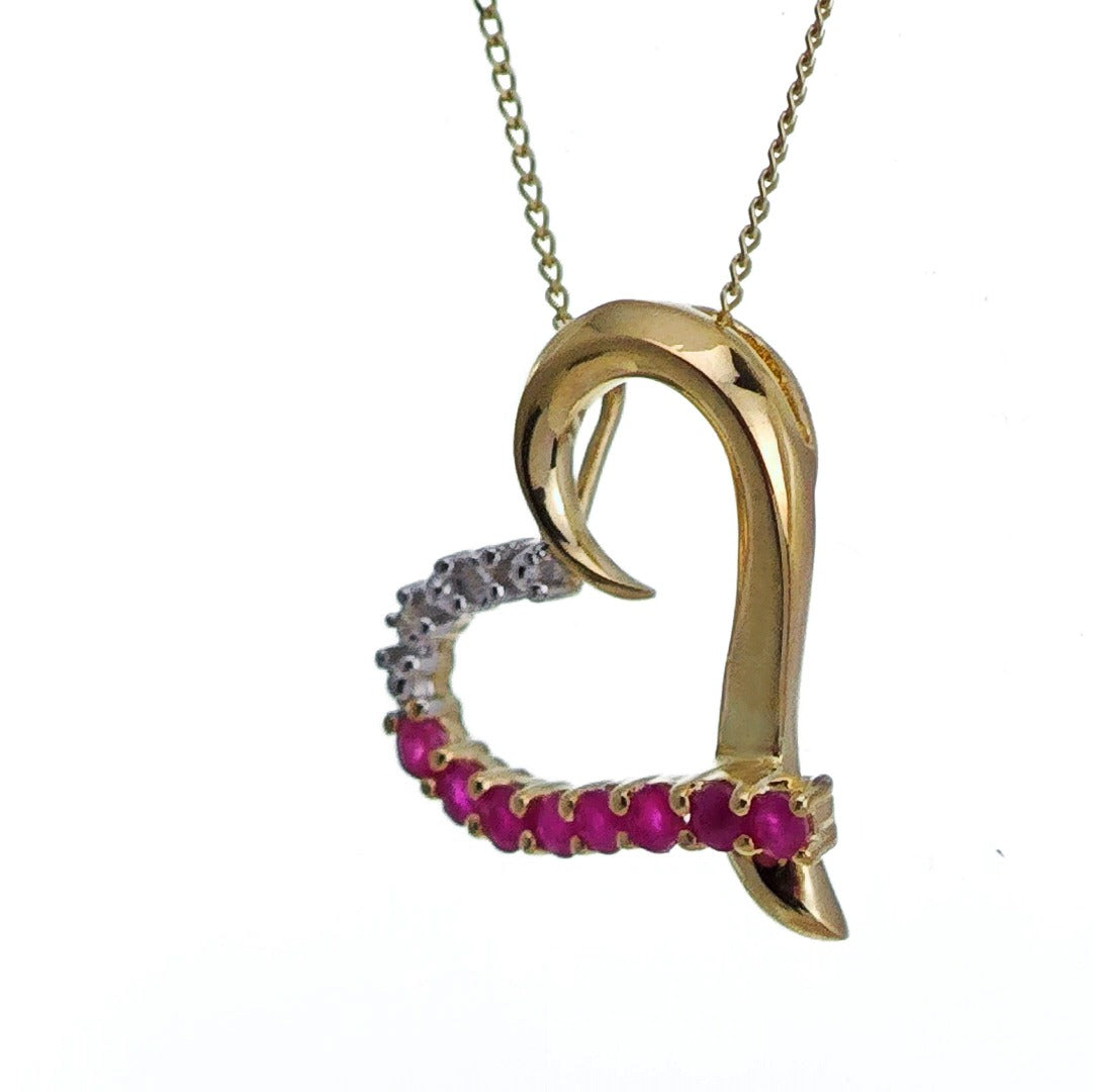9ct Ruby Diamond Necklace Yellow Gold Heart 0.39ct Red Round Natural Gemstone