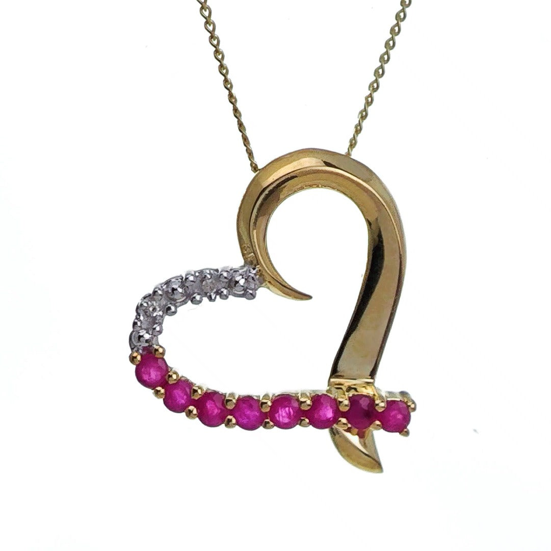 9ct Ruby Diamond Necklace Yellow Gold Heart 0.39ct Red Round Natural Gemstone