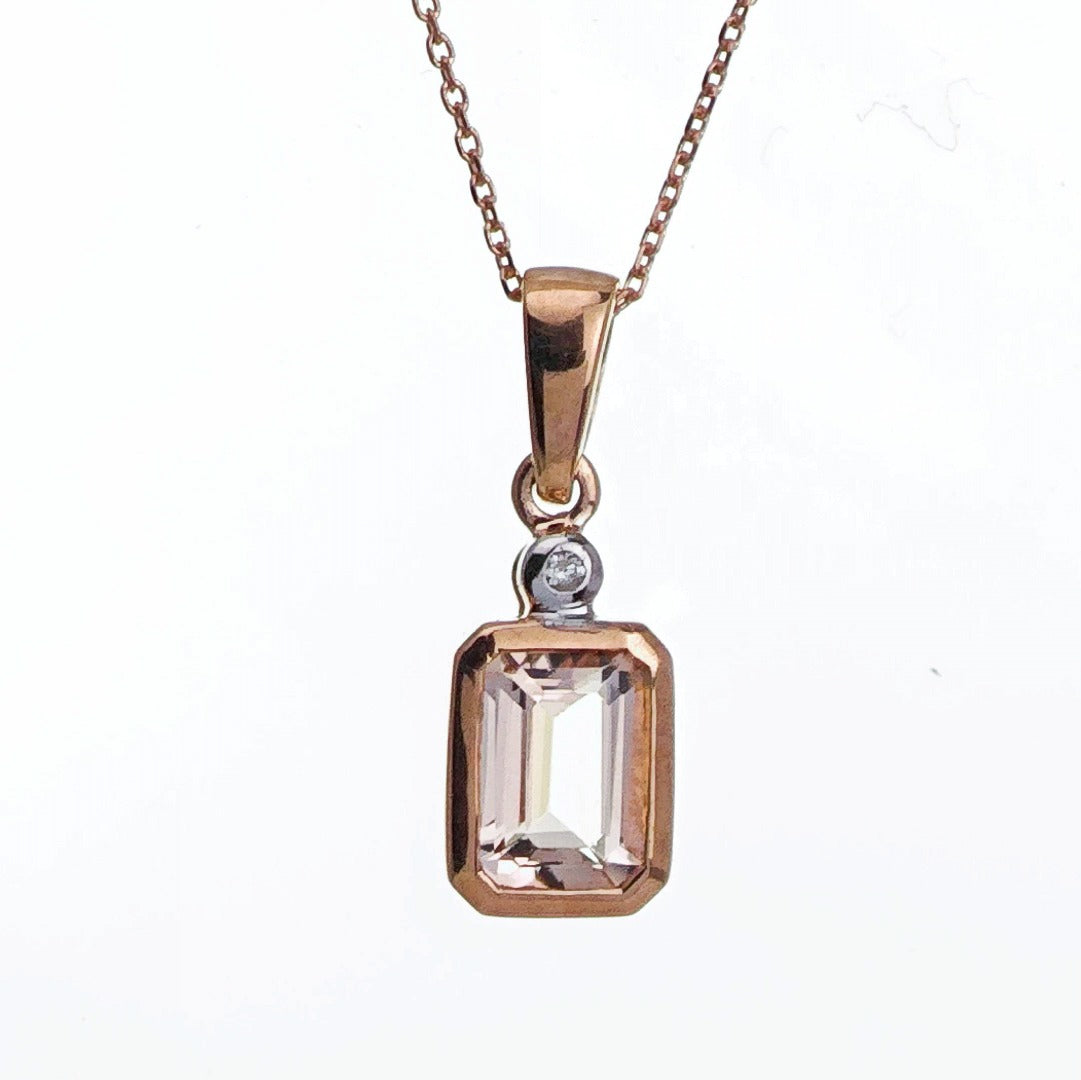 9ct Morganite Diamond Necklace Rose Gold Pink 0.79 ct Natural Gemstone