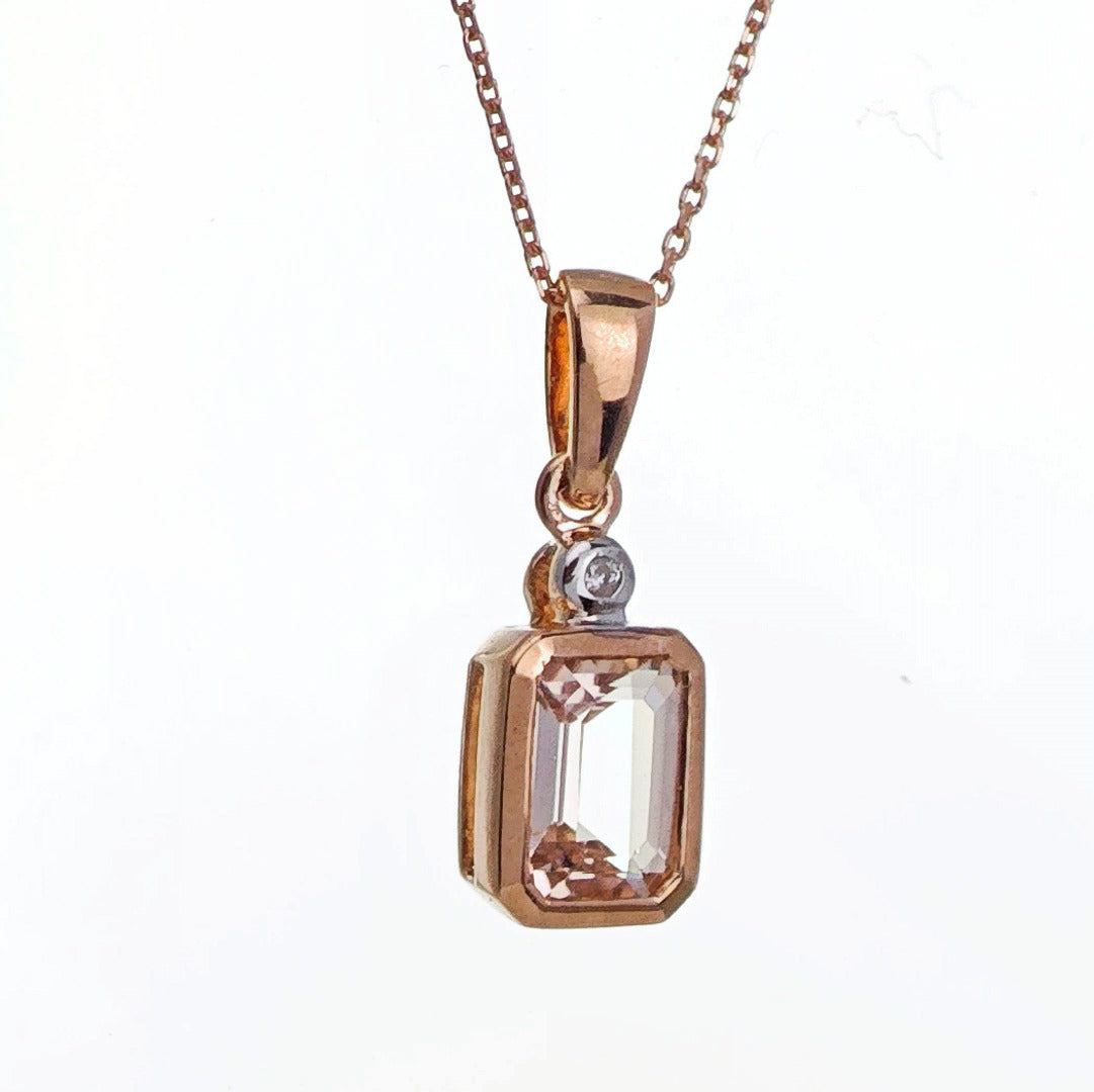 9ct Morganite Diamond Necklace Rose Gold Pink 0.79 ct Natural Gemstone