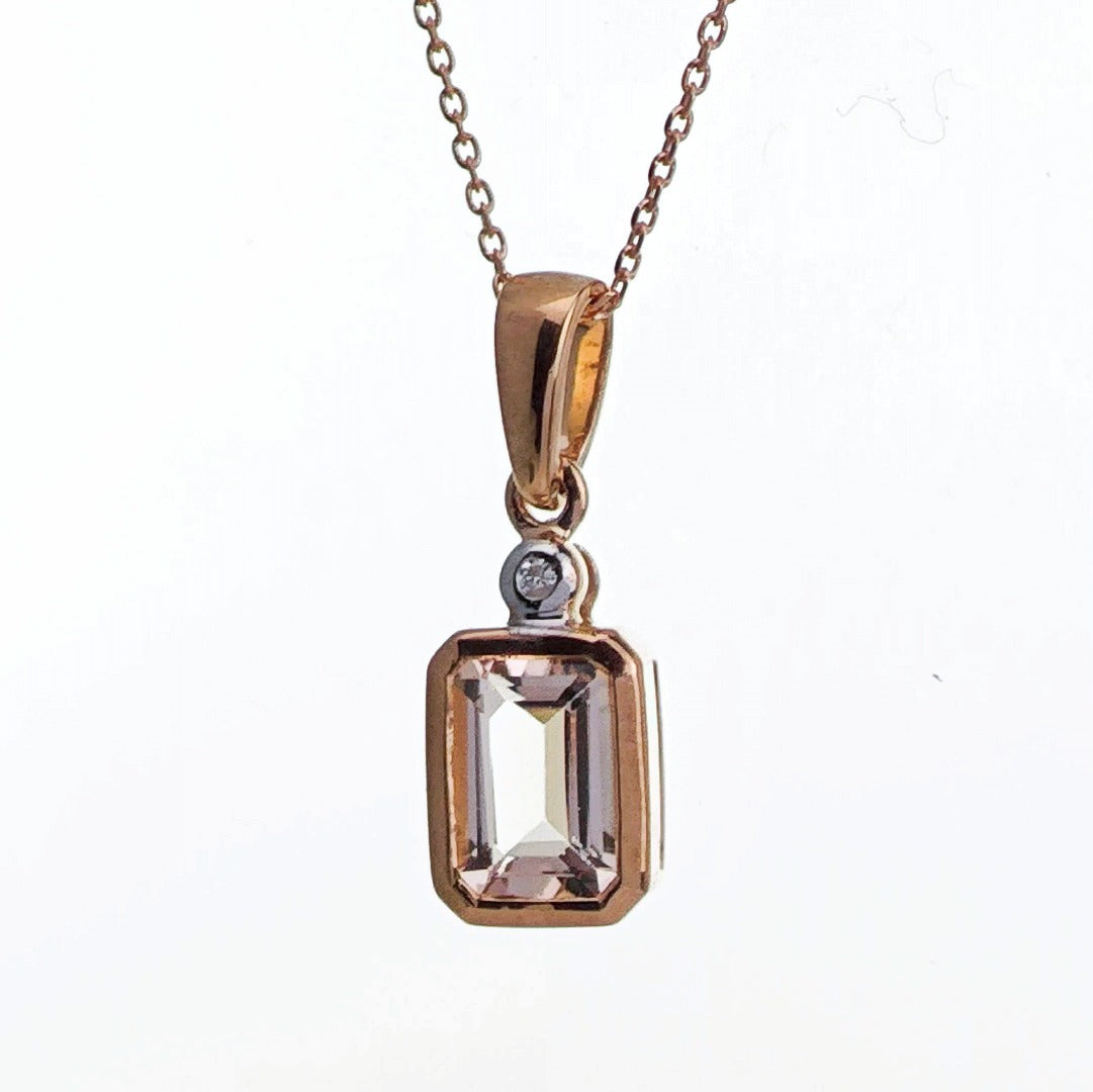 9ct Morganite Diamond Necklace Rose Gold Pink 0.79 ct Natural Gemstone