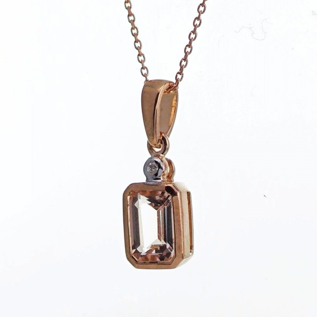 9ct Morganite Diamond Necklace Rose Gold Pink 0.79 ct Natural Gemstone