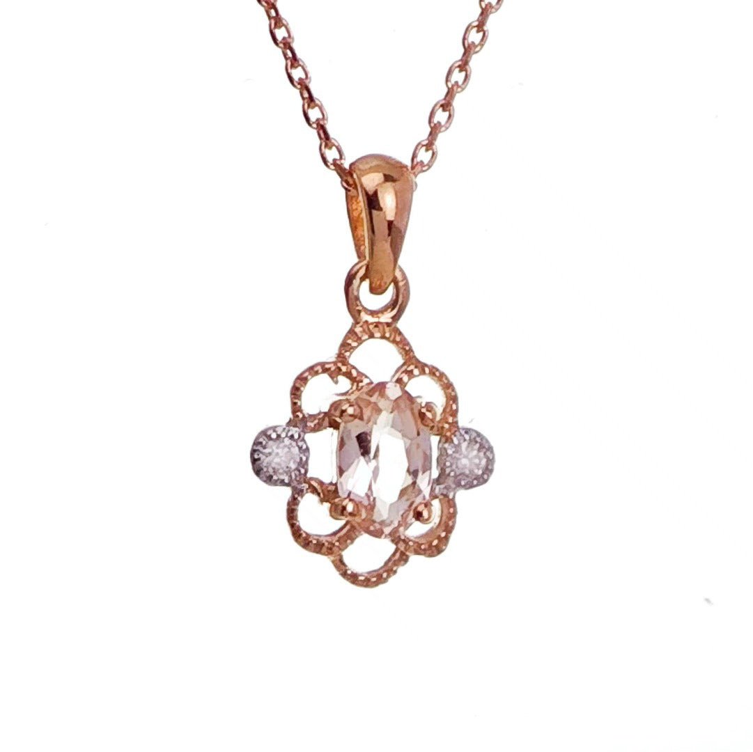 9ct Morganite Diamond Necklace Rose Gold Pink 0.18 ct Natural