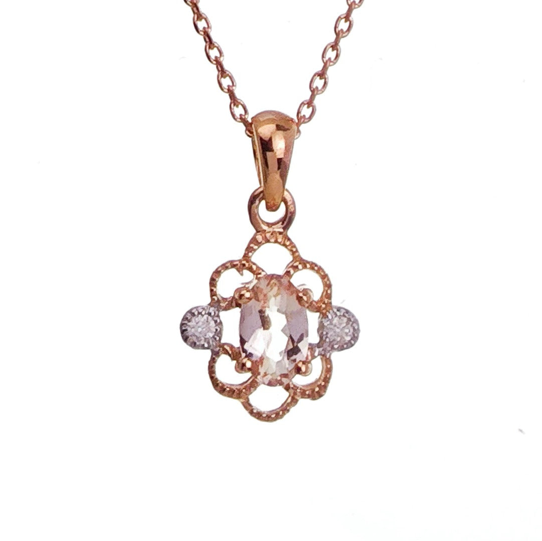 9ct Morganite Diamond Necklace Rose Gold Pink 0.18 ct Natural