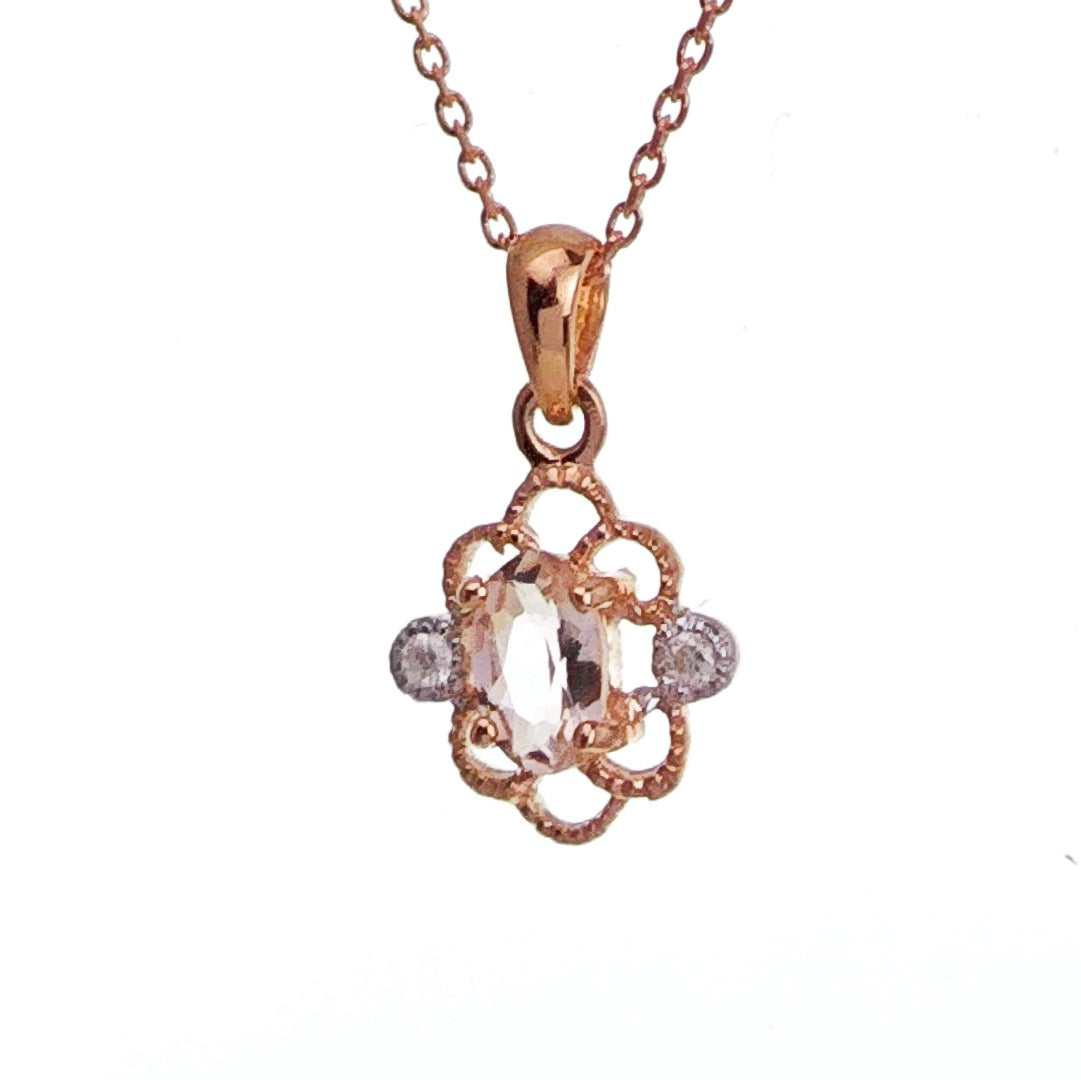 9ct Morganite Diamond Necklace Rose Gold Pink 0.18 ct Natural