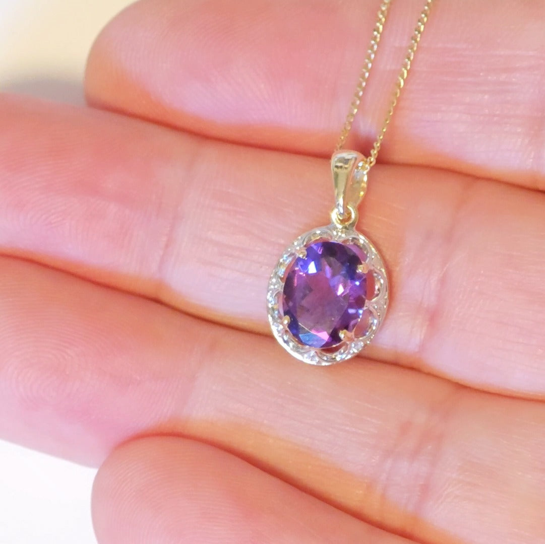 9ct Amethyst Necklace Yellow Gold 1.5ct Purple Oval Natural Gemstone