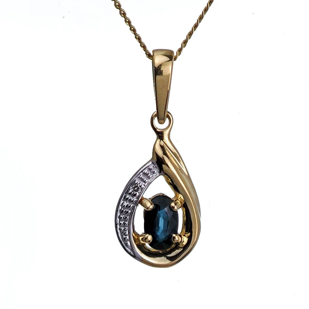 9ct Sapphire Diamond Necklace Yellow Gold 0.6ct Blue Oval Natural Gemstone