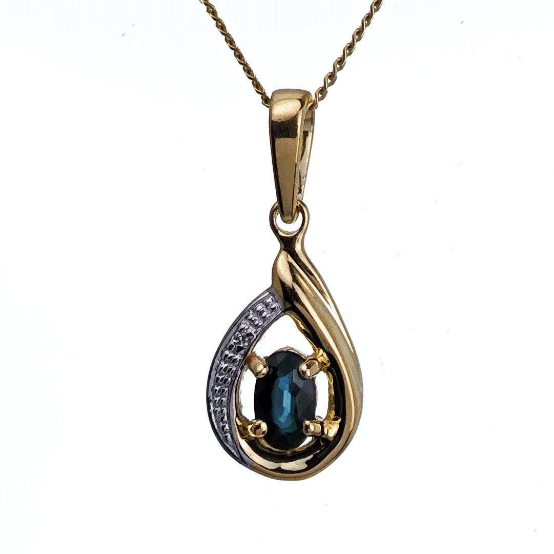 9ct Sapphire Diamond Necklace Yellow Gold 0.6ct Blue Oval Natural Gemstone