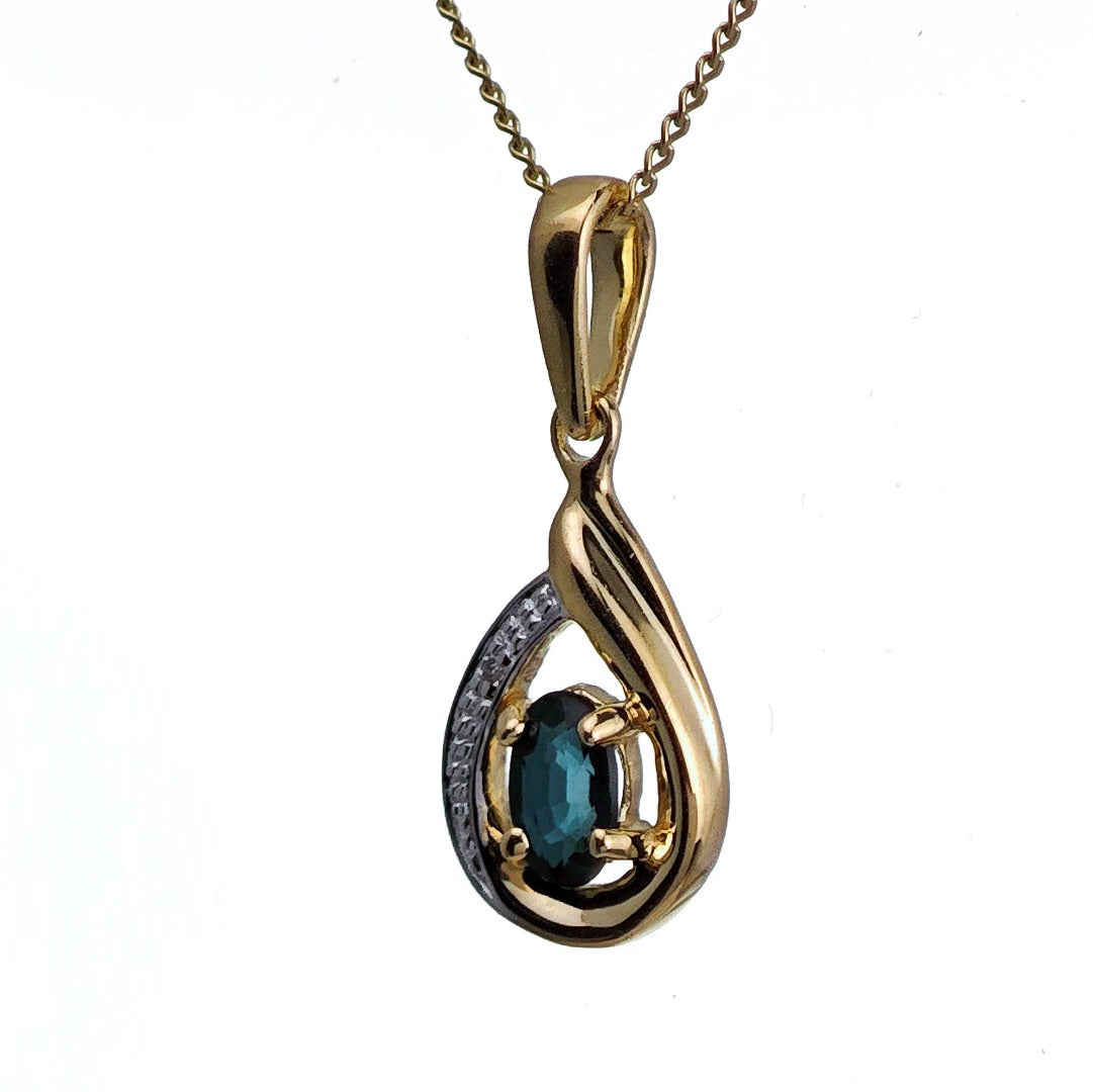 9ct Sapphire Diamond Necklace Yellow Gold 0.6ct Blue Oval Natural Gemstone