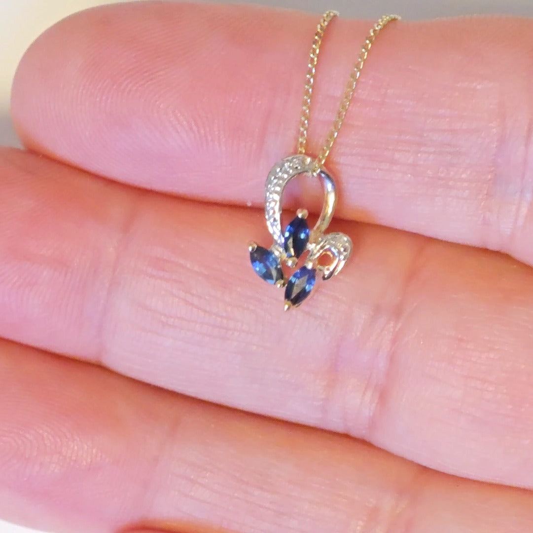 9ct Sapphire Necklace Yellow Gold 0.27ct Blue Marquise Natural Gemstone