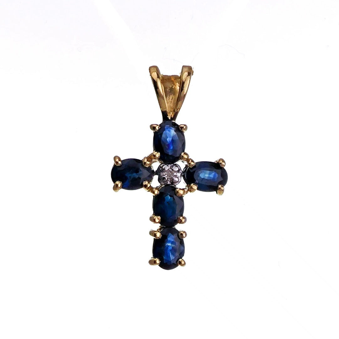 9ct Sapphire Diamond Cross Necklace SMALL Yellow Gold 1ct Blue Round Natural Gemstone