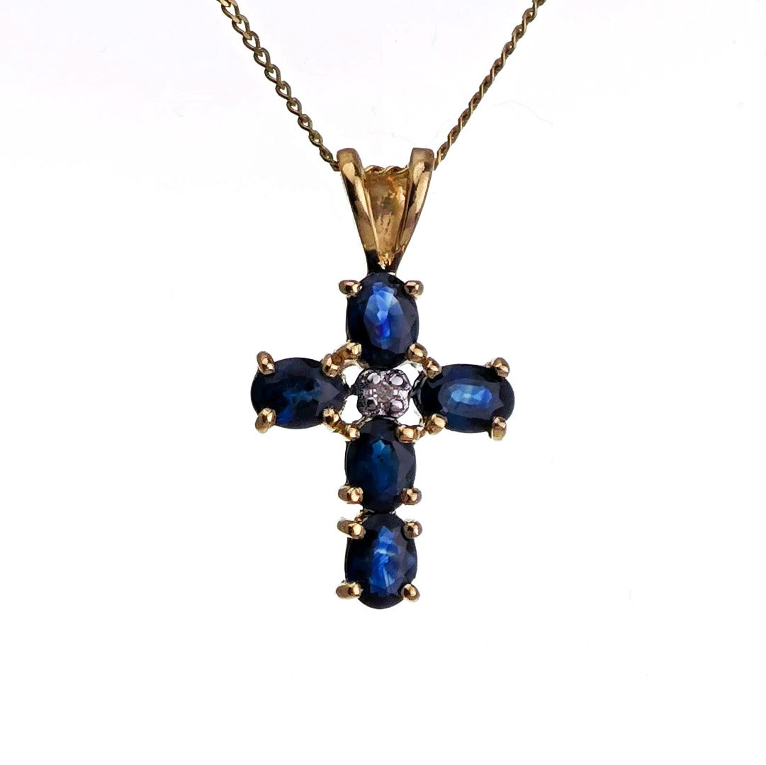 9ct Sapphire Diamond Cross Necklace SMALL Yellow Gold 1ct Blue Round Natural Gemstone