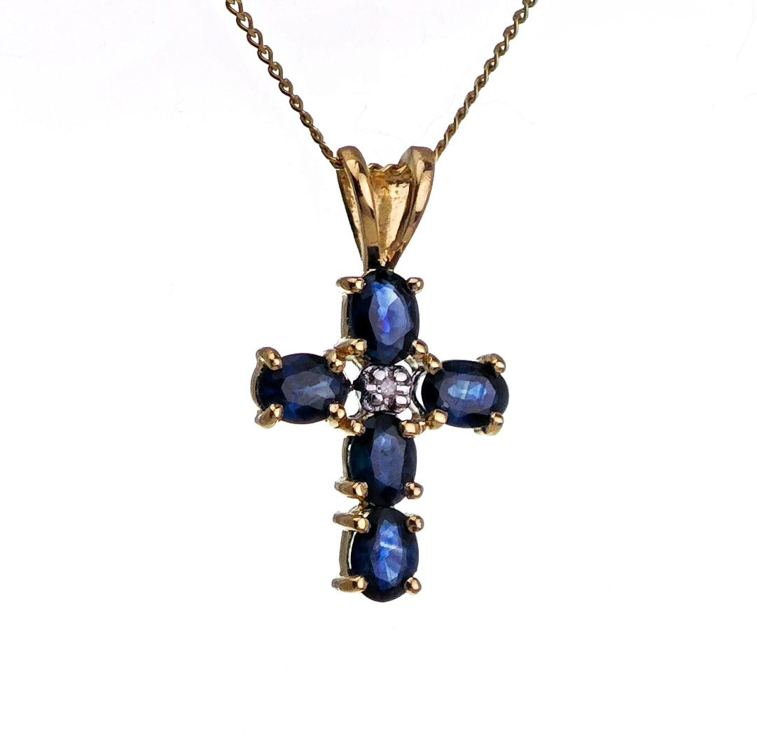 9ct Sapphire Diamond Cross Necklace SMALL Yellow Gold 1ct Blue Round Natural Gemstone