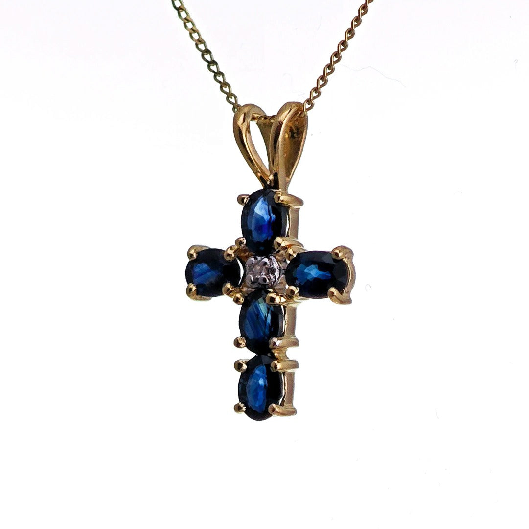 9ct Sapphire Diamond Cross Necklace SMALL Yellow Gold 1ct Blue Round Natural Gemstone